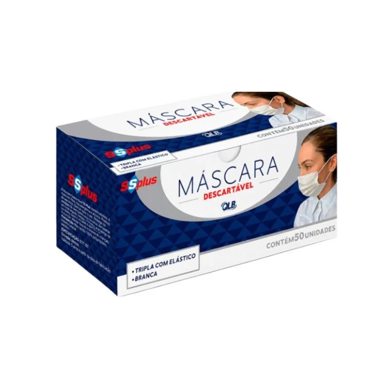 Máscara descartável tripla com clip nasal e elástico cor branca/white cx com 50un