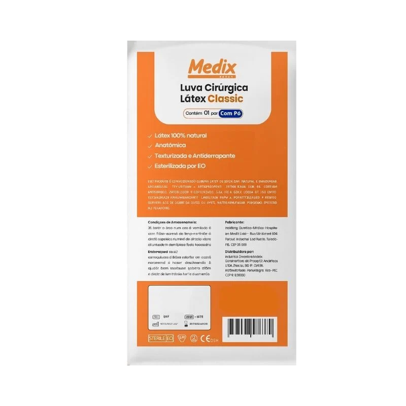 Luva esterilizada cirúrgica látex com pó lisa 7,5