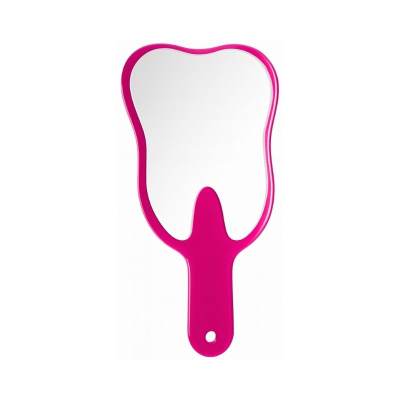 Espelho de mão em forma de dente rosa
